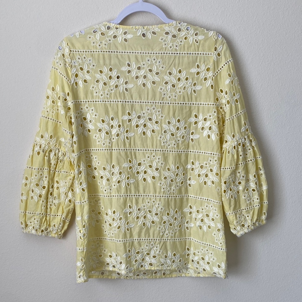 Chico's Yellow Eyelet Blouse with Brown Beaded Trim - Picture 3 of 9